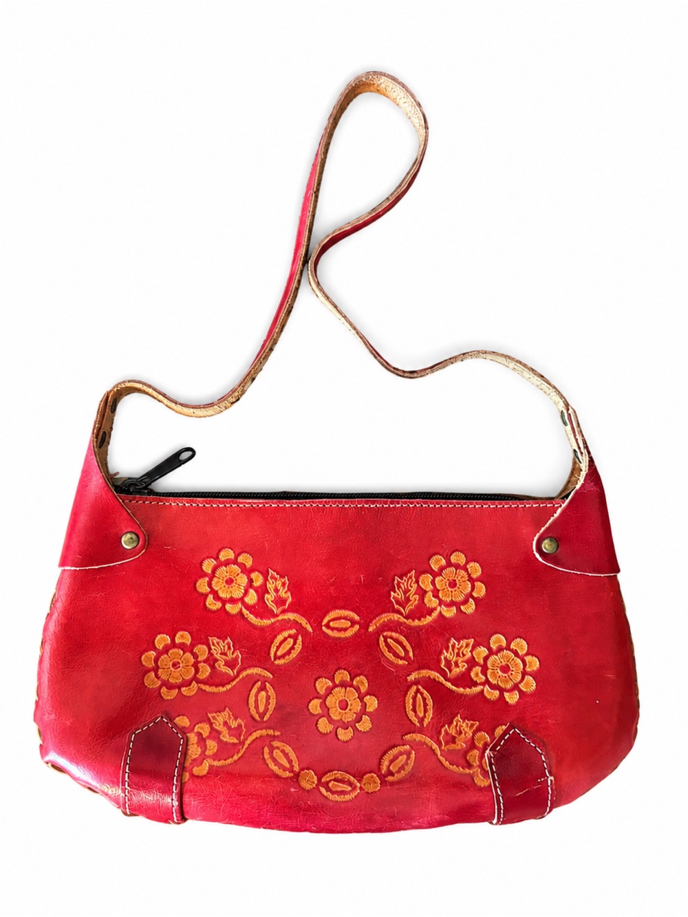 Red Embossed Floral Leather Shoulder Bag Artisan Boho Purse - Picture 3 of 3